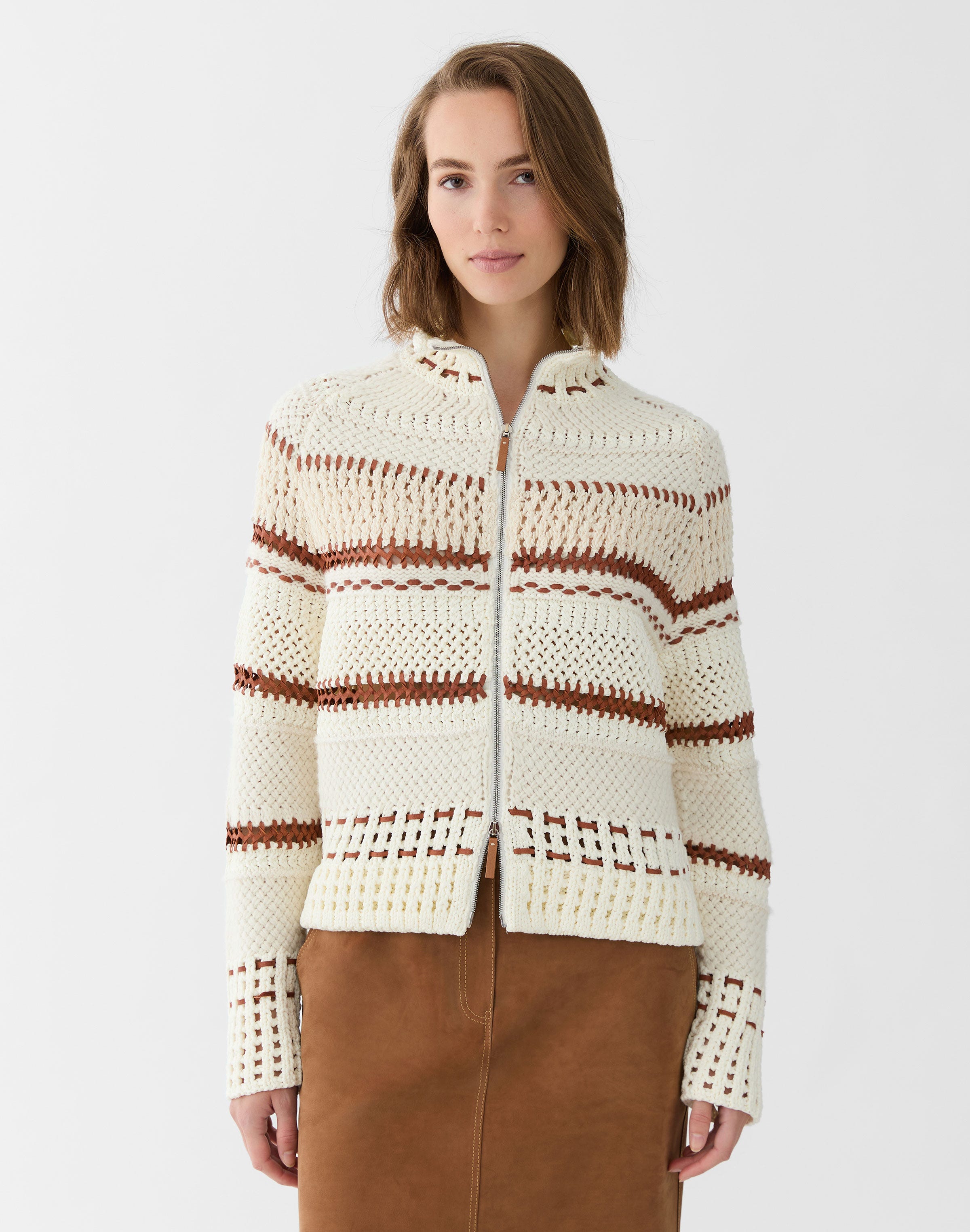 Cotton Chainette & Suede Embroidered Cardigan