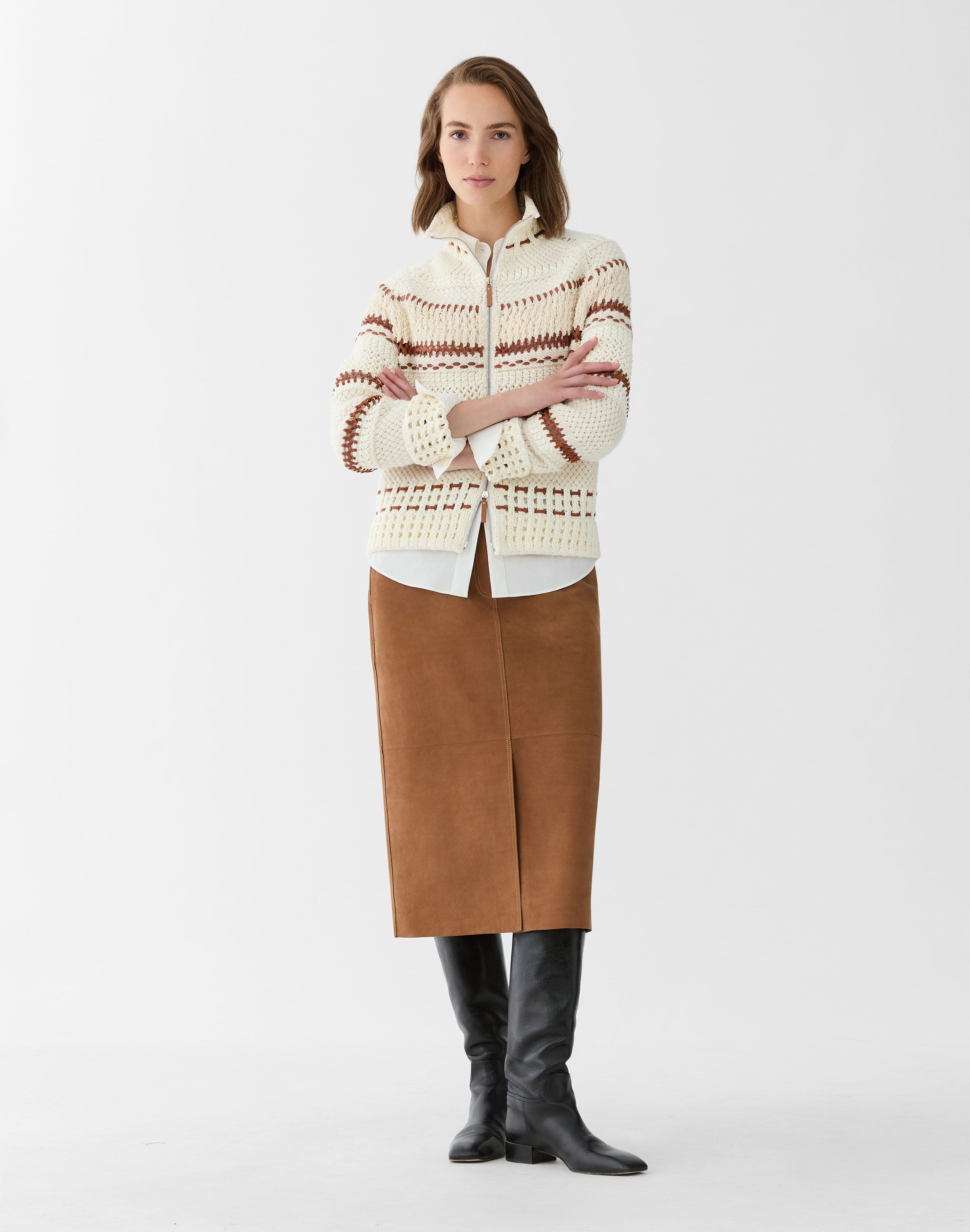 Cotton Chainette & Suede Embroidered Cardigan