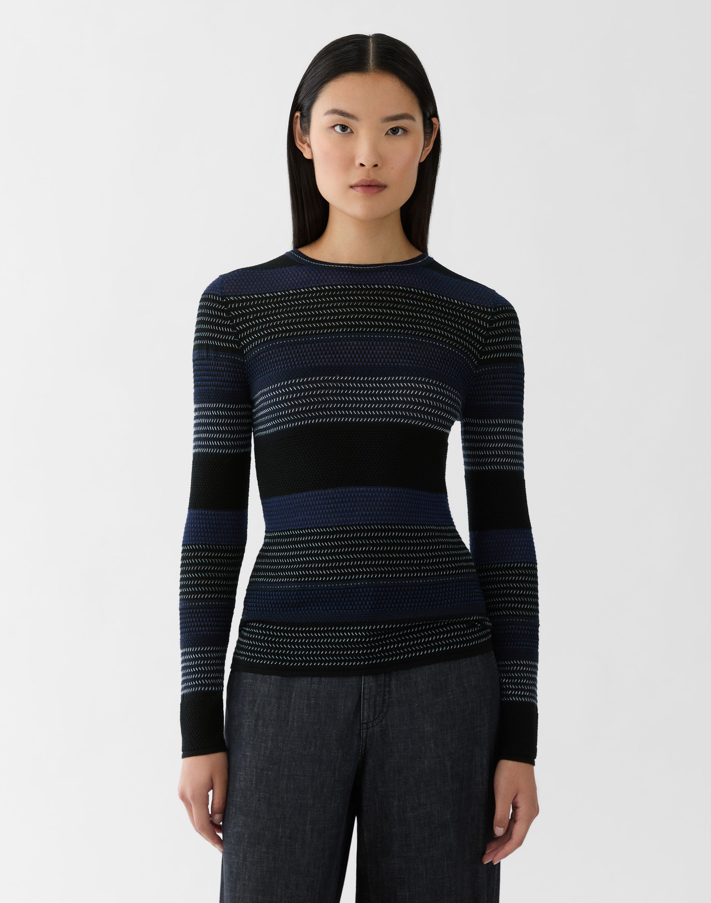 Superfine Merino Wool Mixed Stitch Crewneck Sweater