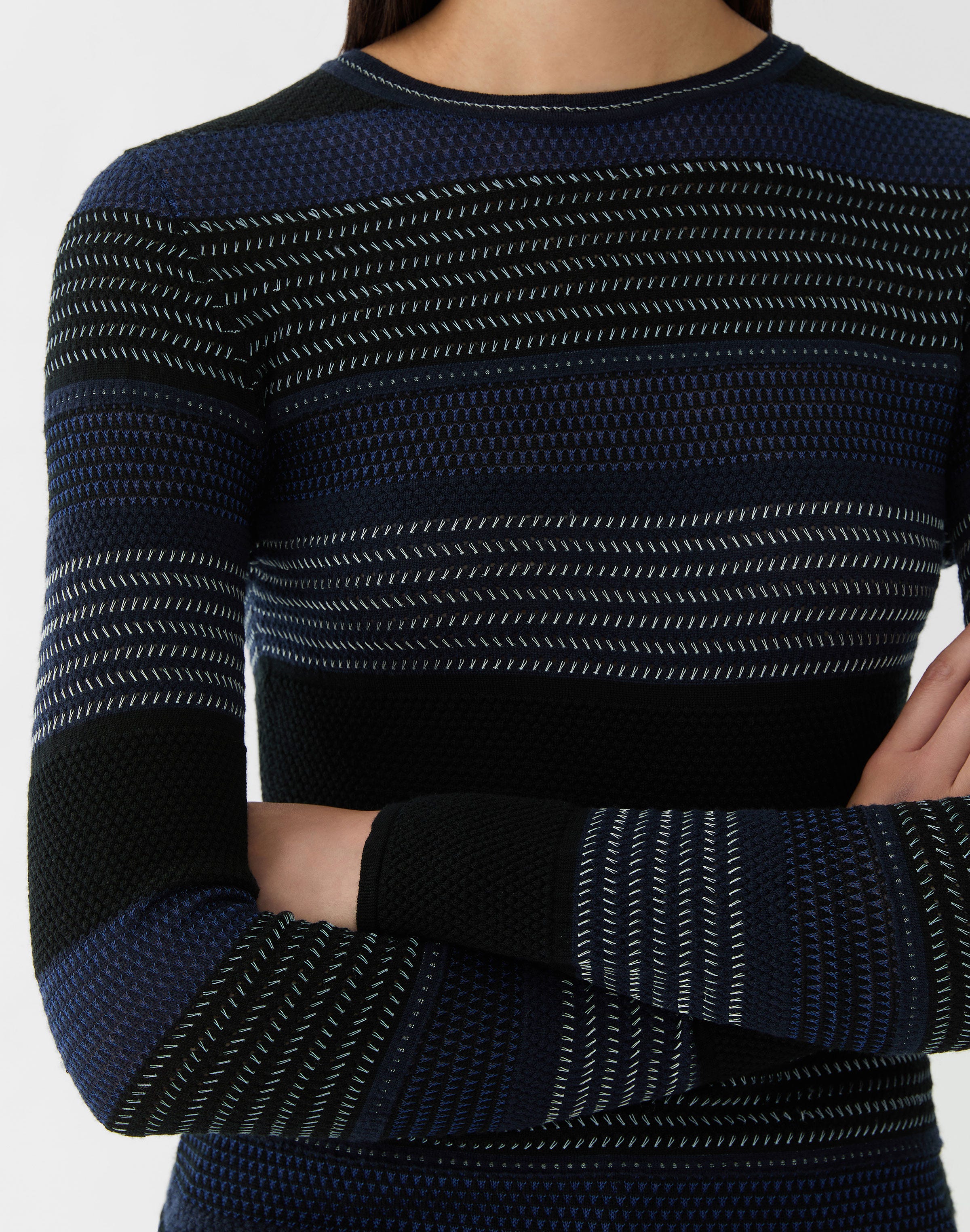 Superfine Merino Wool Mixed Stitch Crewneck Sweater