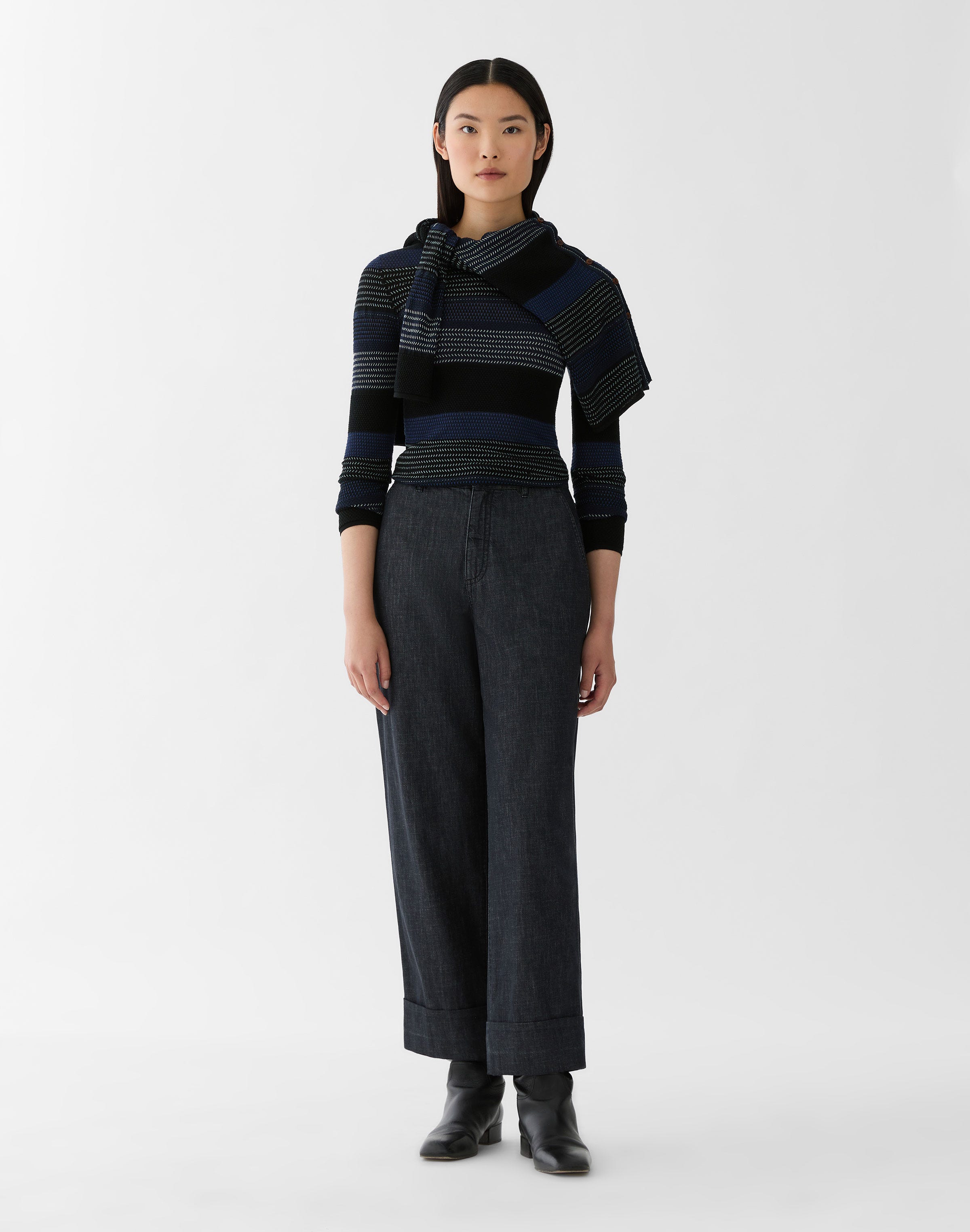 Superfine Merino Wool Mixed Stitch Crewneck Sweater