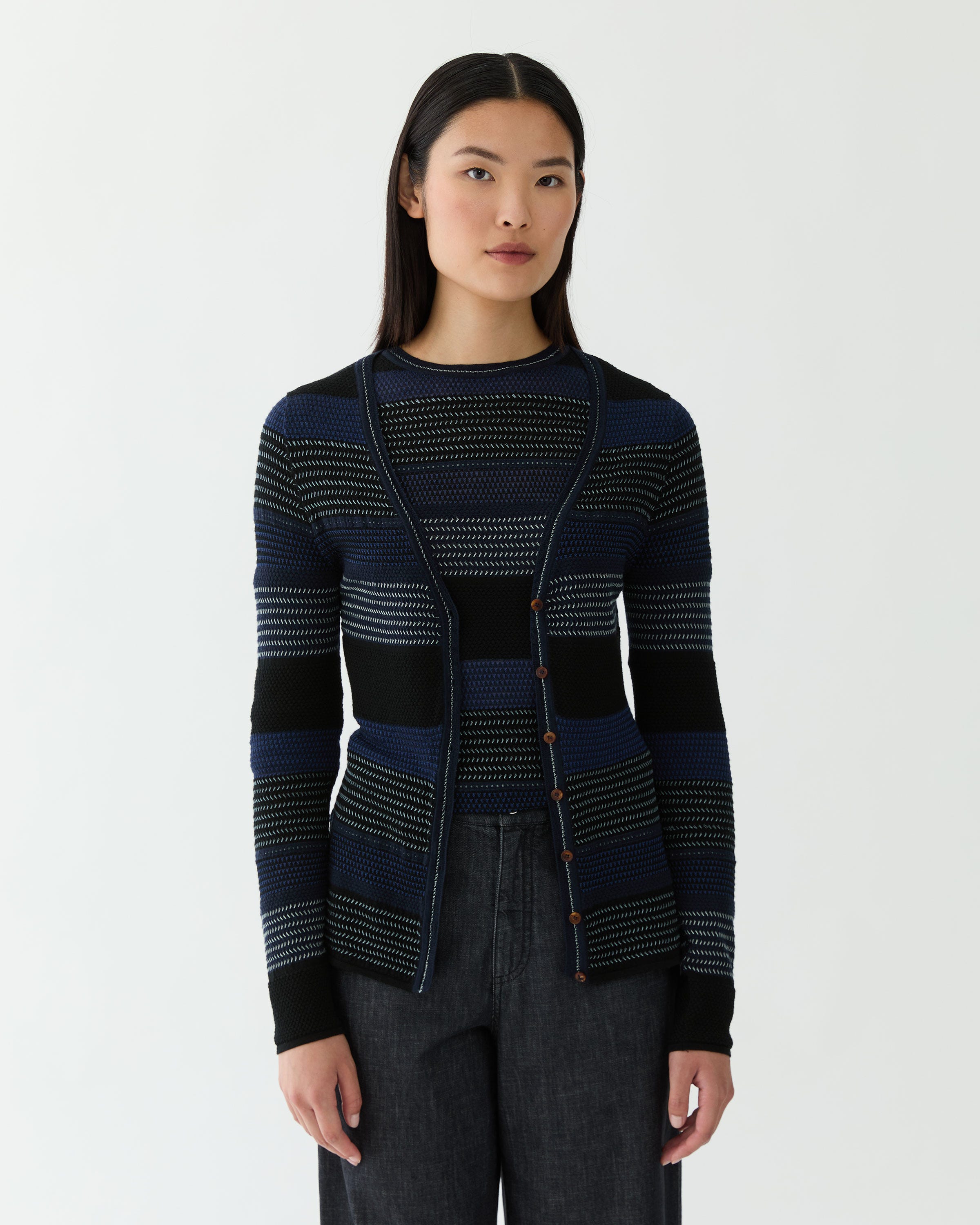 Superfine Merino Wool Mixed Stitch Cardigan