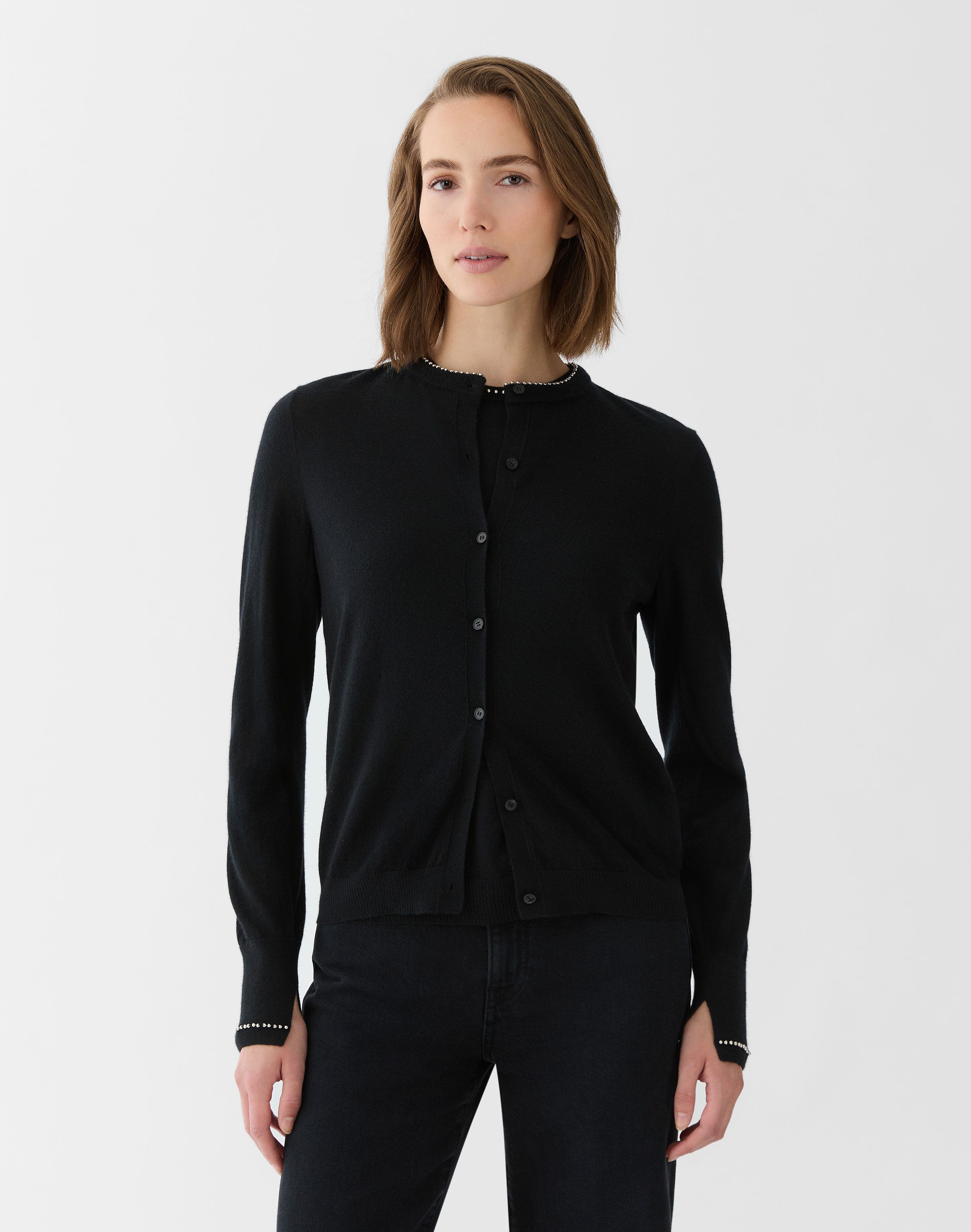 Plus-Size Fine Gauge Cashmere Hand Beaded Cardigan